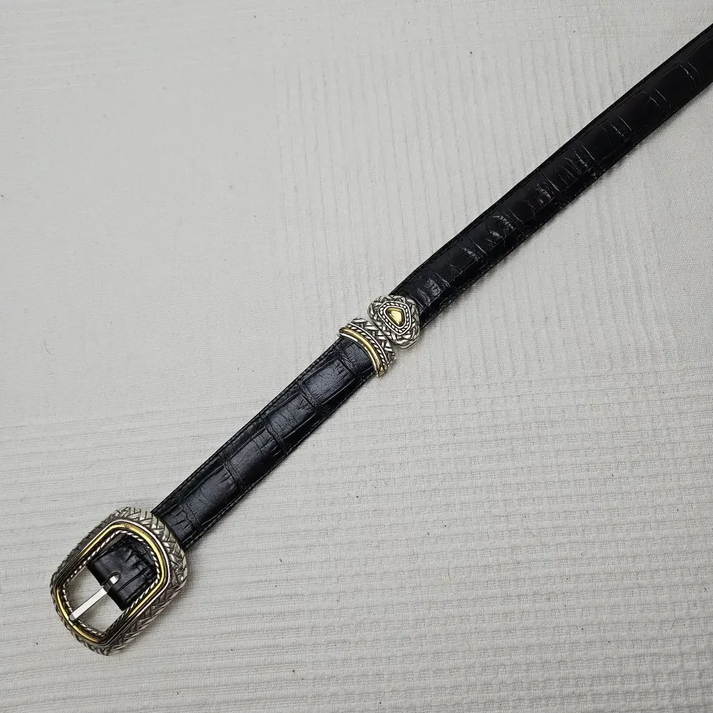Western Flip Reversible Belt Sz 32 Black Brown Croc Embossed Leather Silver Gold